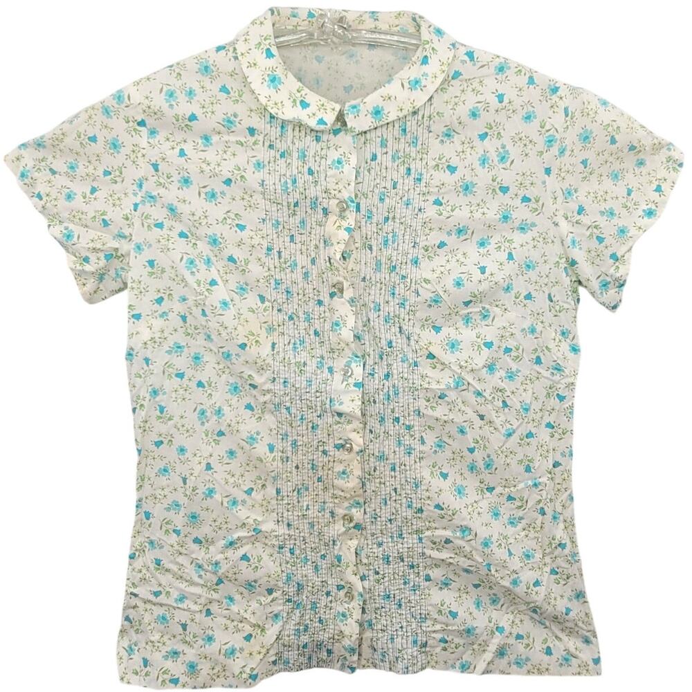 Vintage Floral‎ Blue Green Tuxedo Pleat Romantic Coquette Short Sleeve Blouse